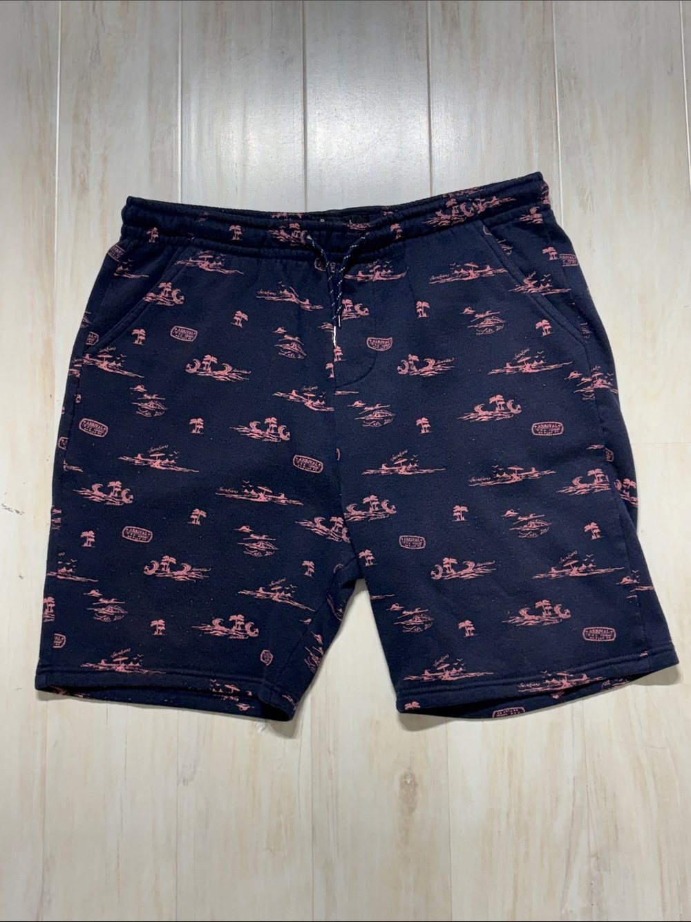 Men's Navy Athletic Shorts with Coral Print - Drawstring Performance Shorts